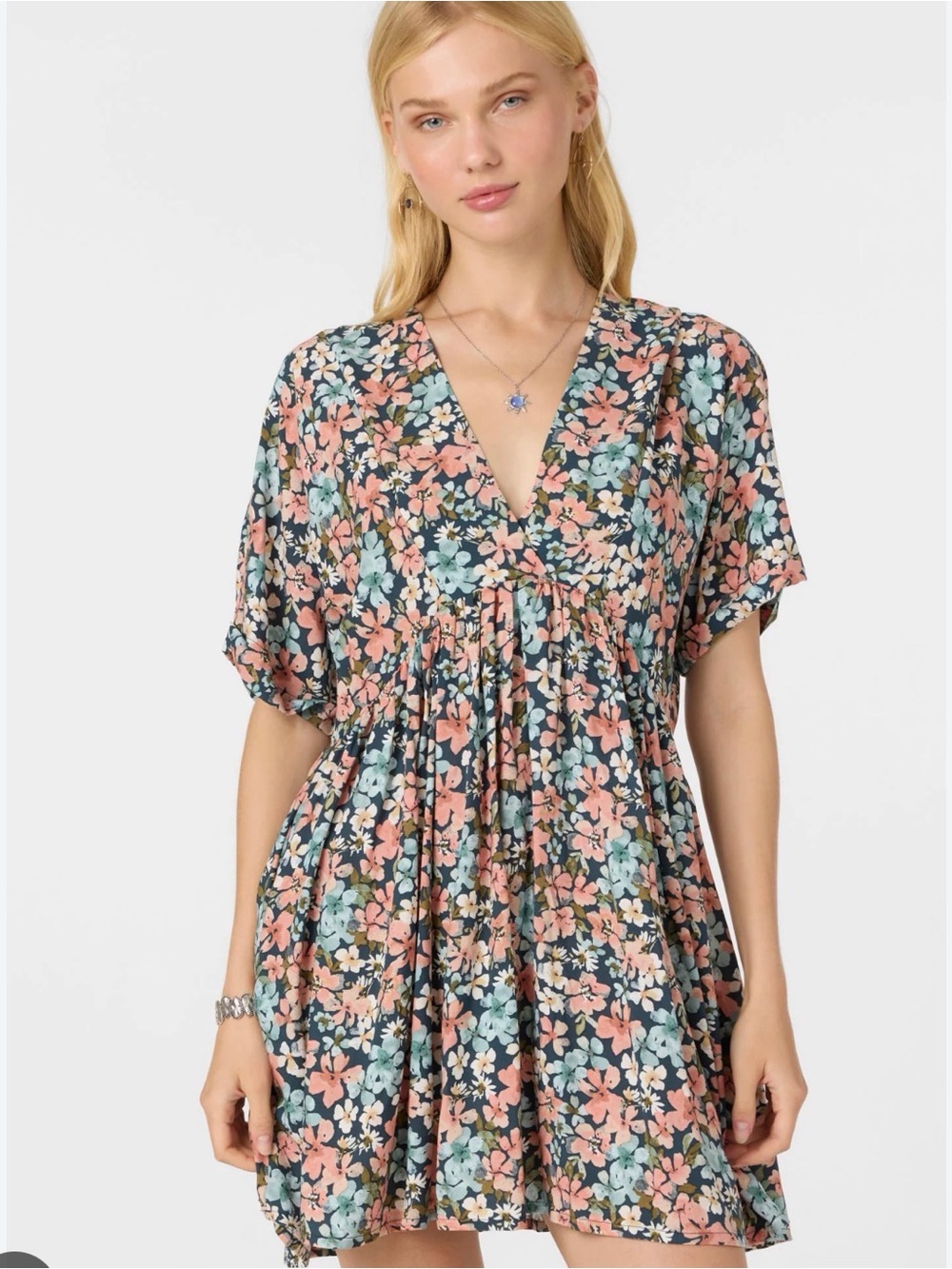 O’Neill V-Neck Babydoll Dress - Navy with Pink & Blue Flowers